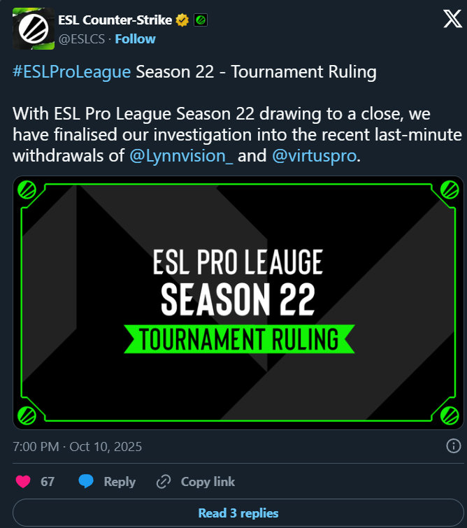 LVG被ESL官方禁止参与下一届ESL赛事：因签证问题迟迟未得到解决