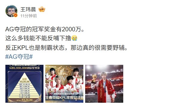 【蜗牛电竞】媒体人:AG夺冠奖金有2000万 能不能反哺下撸 那边真的很需要野辅