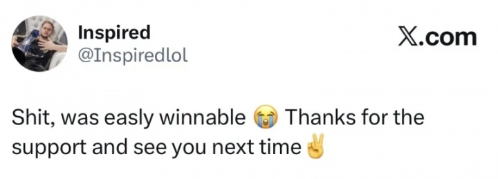 【蜗牛电竞】你还委屈上了？Inspired更新社媒：可恶，本来可以赢的，下次见