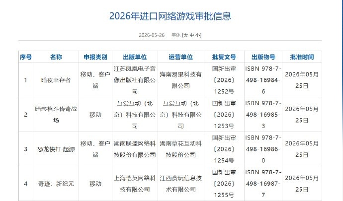 【蜗牛电竞】26年5月游戏审批信息:《三国杀·烽烟策》 等58款作品获发版号