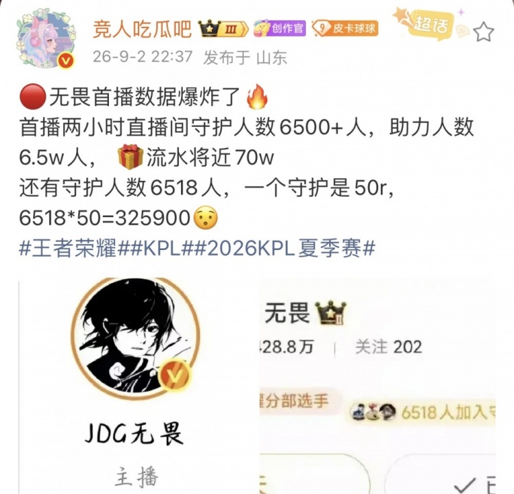 【蜗牛电竞】热度这块!KPL无畏微博首播数据出炉:守护33万,流水2小时近70万